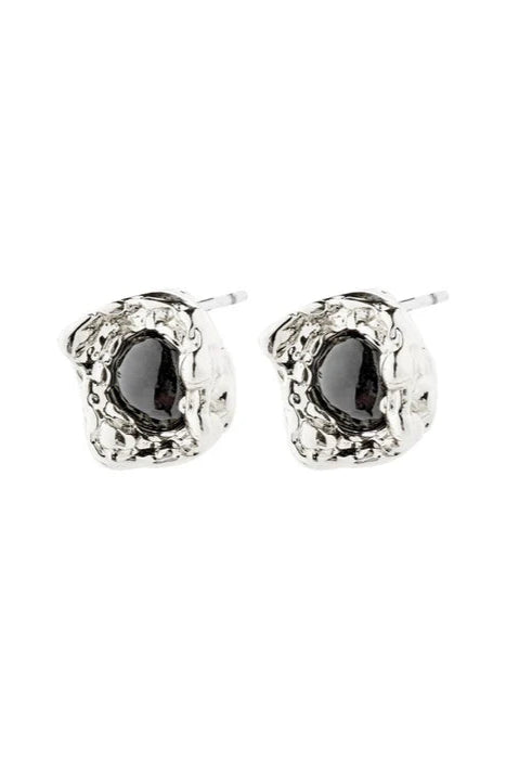 PILGRIM RYPER STUDS. Small stud earrings from Pilgrim's RYPER collection with set black Agate semi-precious stones. The organic design is the perfect example of less truly is more. The earrings are made from 80% recycled material.