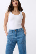Are these the most comfortable denim utility pant? Kireina really worked the details on the new Celeste Pant; featuring utility-style pockets, a fuller straight leg with a slight flare and the perfect length to show off your winter boots, this one is sure to become high-rotation in your wardrobe.

FEATURES:
- Straight Wide Leg
- Mid/High Rise
- Standard Leg (Size 27 Inside Leg Length = 75cm)
- Zip fly
- Patch Pockets front and back