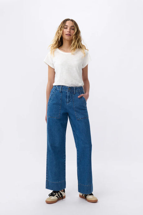 Are these the most comfortable denim utility pant? Kireina really worked the details on the new Celeste Pant; featuring utility-style pockets, a fuller straight leg with a slight flare and the perfect length to show off your winter boots, this one is sure to become high-rotation in your wardrobe.

FEATURES:
- Straight Wide Leg
- Mid/High Rise
- Standard Leg (Size 27 Inside Leg Length = 75cm)
- Zip fly
- Patch Pockets front and back