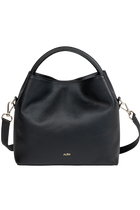 ALEO, Bon Bon Cross body bag in black leather.
Genuine soft grained leather finish&nbsp;
Tote shaped bag w/ tonal handle
Detachable tonal crossbody strap
Magnetic Clasp Closure
Foil embossed signature on front.