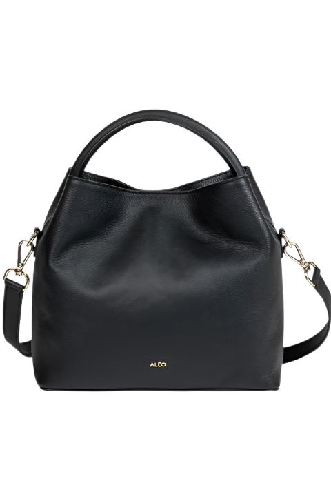 ALEO, Bon Bon Cross body bag in black leather.
Genuine soft grained leather finish&nbsp;
Tote shaped bag w/ tonal handle
Detachable tonal crossbody strap
Magnetic Clasp Closure
Foil embossed signature on front.