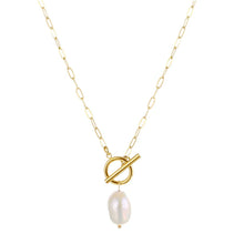 Load image into Gallery viewer, Beautifully crafted in the same design as our popular PĀMU Diana necklace this stunning necklace features one baroque freshwater pearl with a toggle clasp as well as a 5cm extender. The natural organically shaped baroque pearl means every necklace is different. Length is 45cm +5cm extender (collarbone length)
