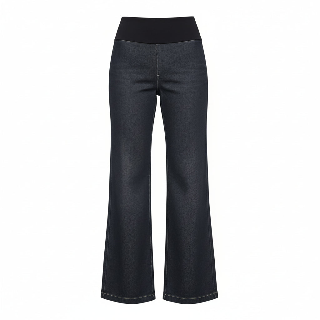 The N-E-S DollyB Denim Pants – a wide-leg stretch denim pant with fold-down rib waistband and contrast stitching. Available in blue or black denim. NZ made.