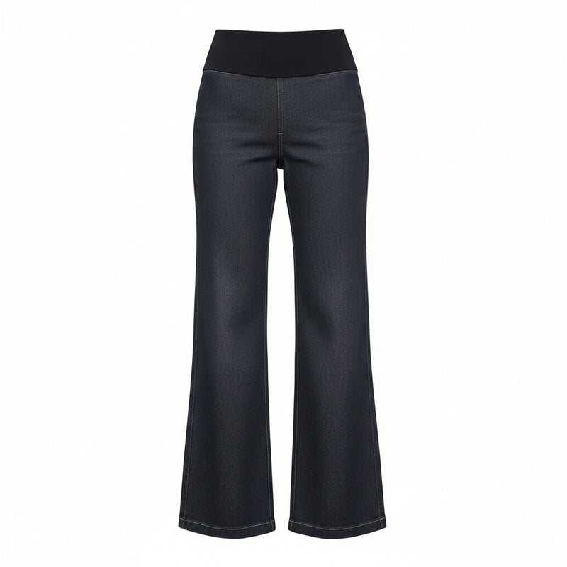 The N-E-S DollyB Denim Pants – a wide-leg stretch denim pant with fold-down rib waistband and contrast stitching. Available in blue or black denim. NZ made.