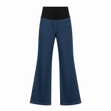 The N-E-S DollyB Denim Pants – a wide-leg stretch denim pant with fold-down rib waistband and contrast stitching. Available in blue or black denim. NZ made.