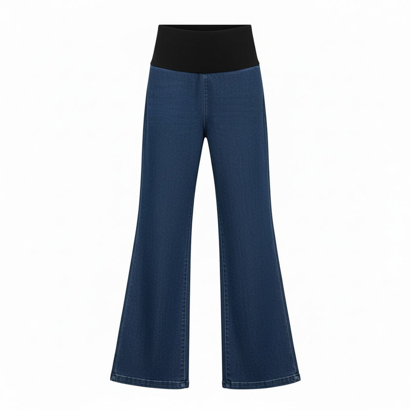 The N-E-S DollyB Denim Pants – a wide-leg stretch denim pant with fold-down rib waistband and contrast stitching. Available in blue or black denim. NZ made.