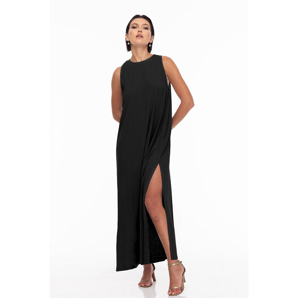 BLAK the stunning black rayon linen  dress, with its high round neck and sleeveless design, with a back neck keyhole and button closure, as well as side splits.