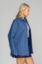 Meet the Blak Frozen Embrace Jacket in denim blue, a premium piece featuring distinctive heart quilting that instantly elevates your style. Crafted from quality cotton with a flattering relaxed fit and convenient dome closures. The trendy drop shoulders and hidden pockets add both fashion appeal and functionality. Expertly finished with bound edges and a curved hem—this versatile essential works for any occasion, making it your smartest wardrobe investment this season.

Fabric composition - Quilted Poly