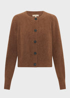 POL Haviland Cardigan in a soft Alpaca wool blend with a textured finish, featuring a modern boxy silhouette, round ribbed neckline, horn button front and raglan sleeves with ribbed cuffs, available in Toffee, Blush and Charcoal