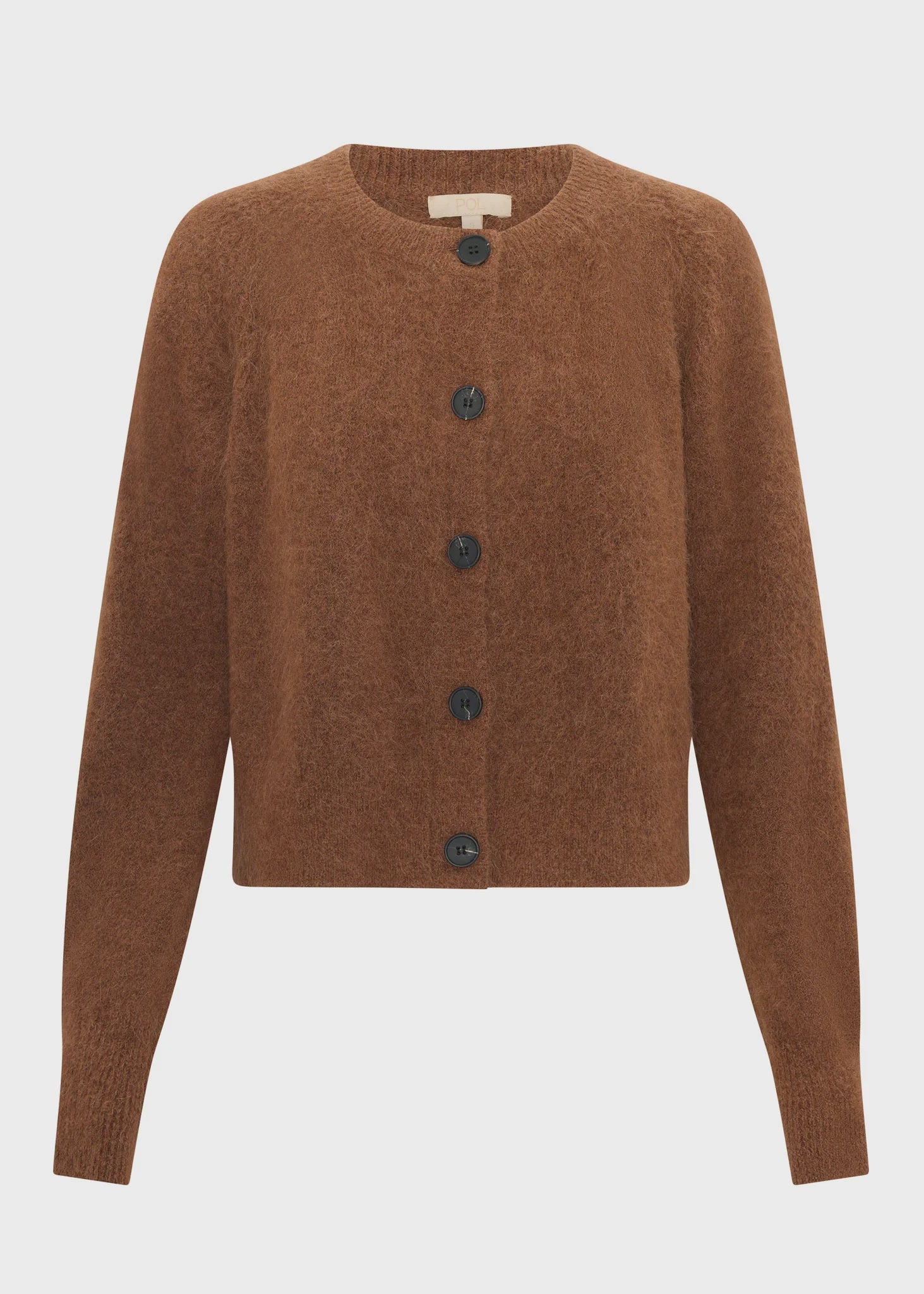 POL Haviland Cardigan in a soft Alpaca wool blend with a textured finish, featuring a modern boxy silhouette, round ribbed neckline, horn button front and raglan sleeves with ribbed cuffs, available in Toffee, Blush and Charcoal