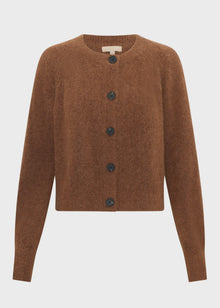 POL Haviland Cardigan in a soft Alpaca wool blend with a textured finish, featuring a modern boxy silhouette, round ribbed neckline, horn button front and raglan sleeves with ribbed cuffs, available in Toffee, Blush and Charcoal