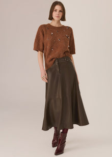 POL Haviland Beaded Knit Tee in a soft Alpaca blend with textured finish, featuring a boxy silhouette, round ribbed neckline, dropped armholes and short sleeves with ribbed trim, finished with hand-beaded detail through the front, available in Blush, Charcoal and Toffee