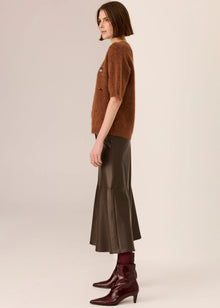POL Haviland Beaded Knit Tee in a soft Alpaca blend with textured finish, featuring a boxy silhouette, round ribbed neckline, dropped armholes and short sleeves with ribbed trim, finished with hand-beaded detail through the front, available in Blush, Charcoal and Toffee