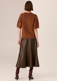 POL Haviland Beaded Knit Tee in a soft Alpaca blend with textured finish, featuring a boxy silhouette, round ribbed neckline, dropped armholes and short sleeves with ribbed trim, finished with hand-beaded detail through the front, available in Blush, Charcoal and Toffee