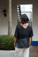 Load image into Gallery viewer, NES Zoe Top Ink. Semi-sheer, stylish floaty relaxed t-shirt style top.
Features: Curved front neckline and V back neck (can be reversed), even hem line, side splits
Composition: Poly Chiffon
