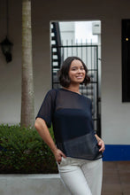 Load image into Gallery viewer, NES Zoe Top Ink. Semi-sheer, stylish floaty relaxed t-shirt style top.
Features: Curved front neckline and V back neck (can be reversed), even hem line, side splits
Composition: Poly Chiffon
