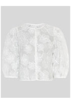 MSCH Copenhagen ISMENE 3/4 Shirt EMB in white, crafted from a lightweight semi-sheer fabric with delicate embroidered floral detailing. Designed with a round neckline and full front button closure, featuring 3/4-length volume sleeves with elastic cuffs and an oversized airy fit.
