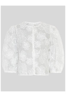MSCH Copenhagen ISMENE 3/4 Shirt EMB in white, crafted from a lightweight semi-sheer fabric with delicate embroidered floral detailing. Designed with a round neckline and full front button closure, featuring 3/4-length volume sleeves with elastic cuffs and an oversized airy fit.