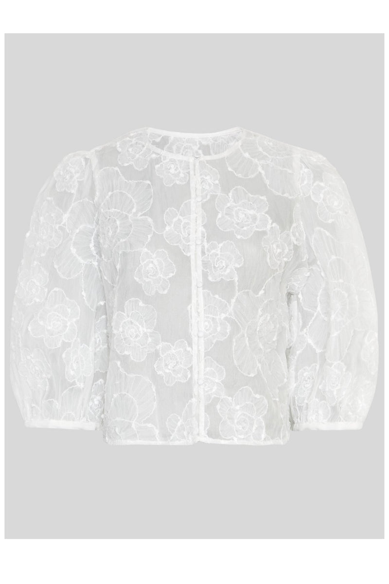 MSCH Copenhagen ISMENE 3/4 Shirt EMB in white, crafted from a lightweight semi-sheer fabric with delicate embroidered floral detailing. Designed with a round neckline and full front button closure, featuring 3/4-length volume sleeves with elastic cuffs and an oversized airy fit.