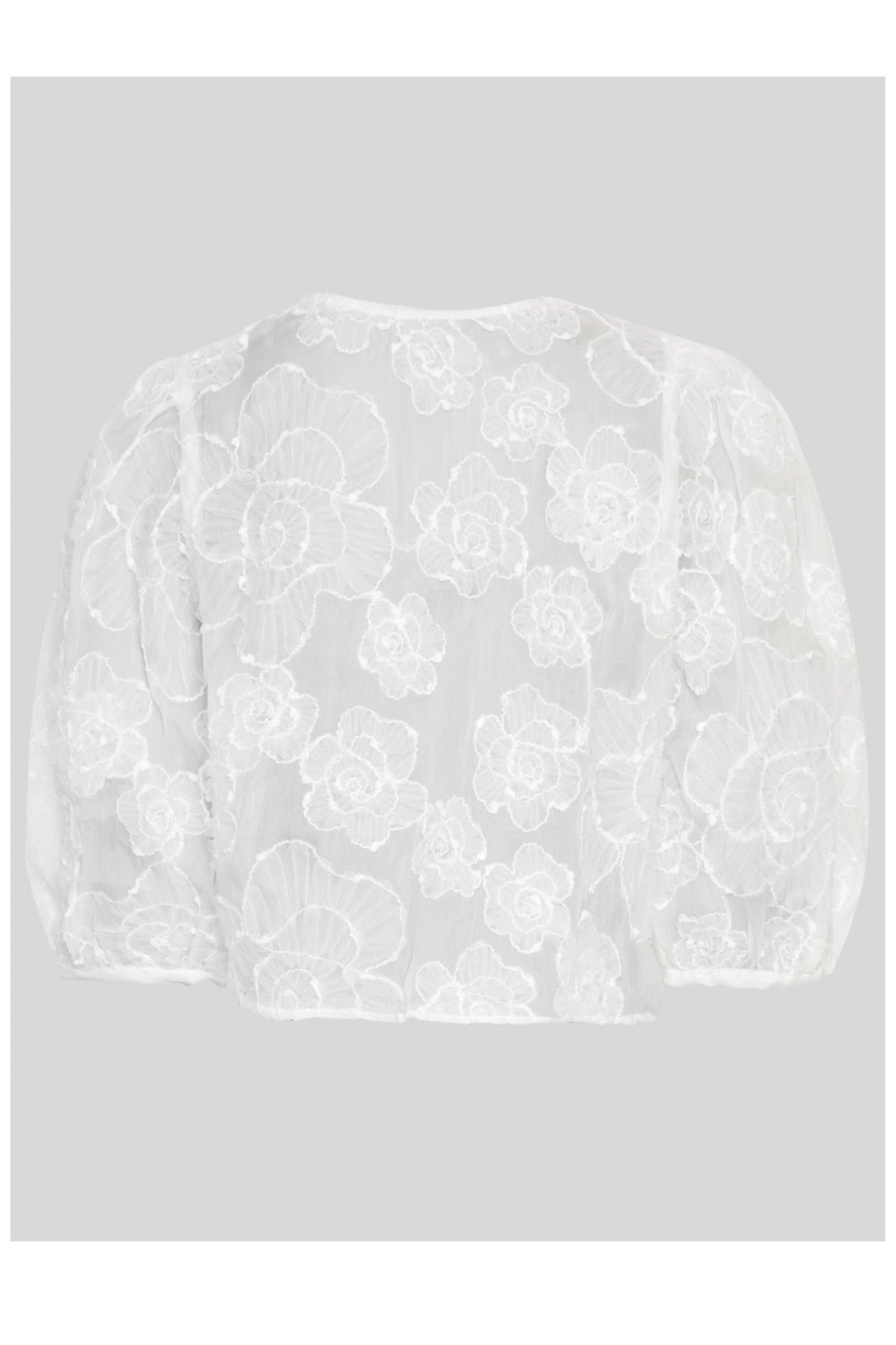 MSCH Copenhagen ISMENE 3/4 Shirt EMB in white, crafted from a lightweight semi-sheer fabric with delicate embroidered floral detailing. Designed with a round neckline and full front button closure, featuring 3/4-length volume sleeves with elastic cuffs and an oversized airy fit.