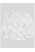 MSCH Copenhagen ISMENE 3/4 Shirt EMB in white, crafted from a lightweight semi-sheer fabric with delicate embroidered floral detailing. Designed with a round neckline and full front button closure, featuring 3/4-length volume sleeves with elastic cuffs and an oversized airy fit.