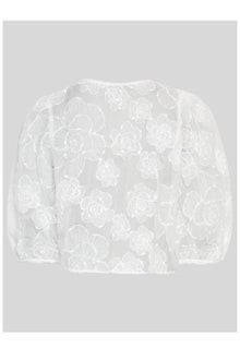 MSCH Copenhagen ISMENE 3/4 Shirt EMB in white, crafted from a lightweight semi-sheer fabric with delicate embroidered floral detailing. Designed with a round neckline and full front button closure, featuring 3/4-length volume sleeves with elastic cuffs and an oversized airy fit.