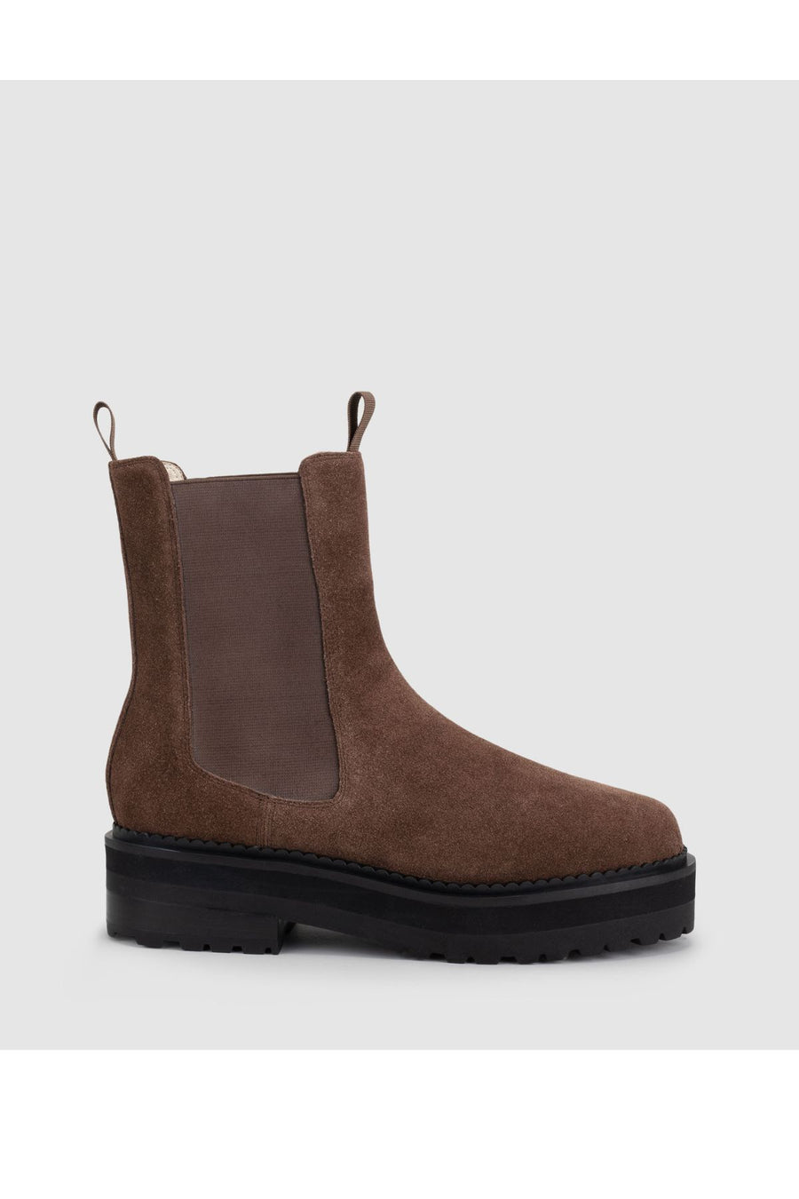 Chaos & Harmony Kings Boot in cocoa suede Chelsea style with thicker outsole, soft leather lining, stacked heel and rubber outsole, versatile women’s ankle boot