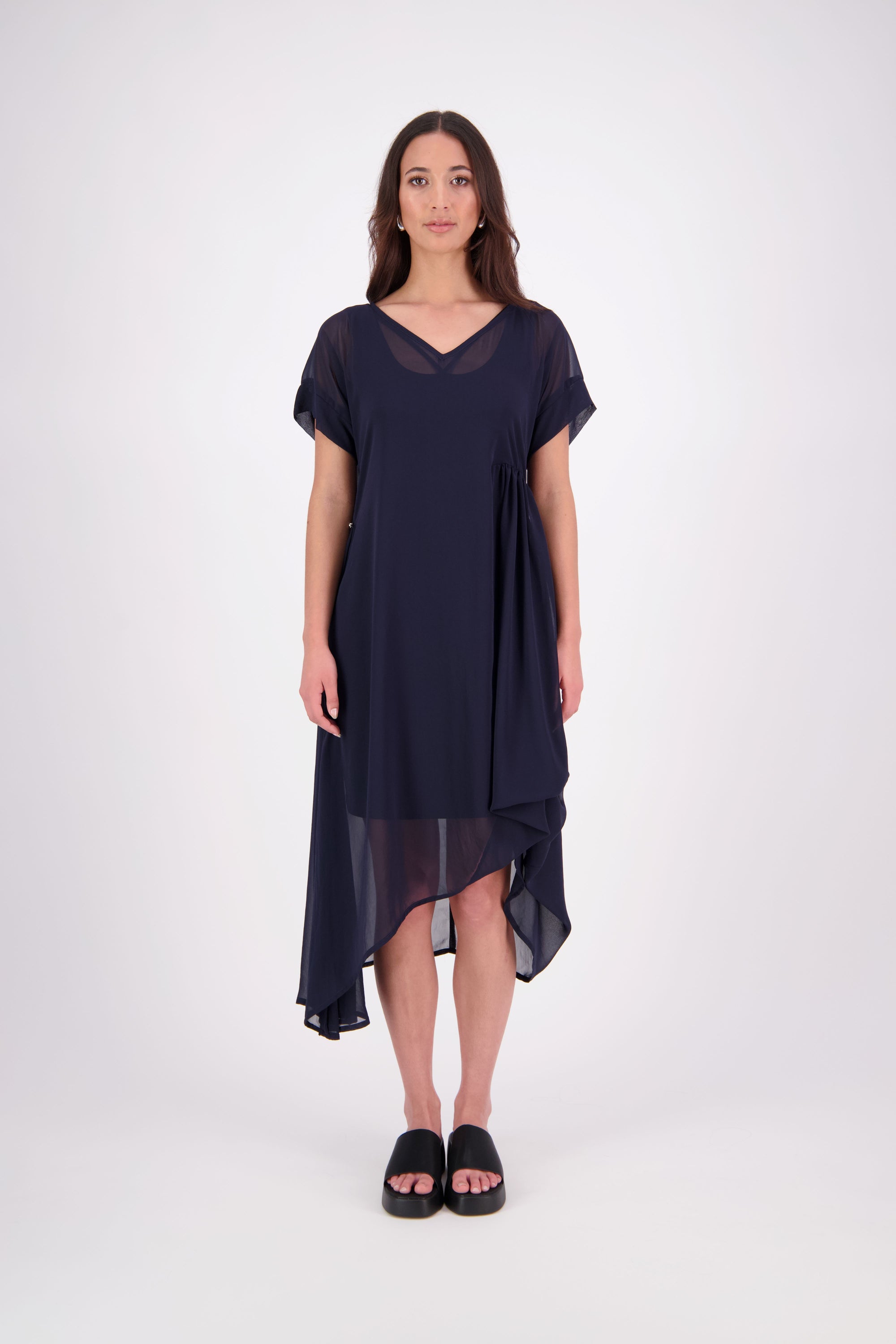 The NES Kira Dress blends the best of two favourites – the elegance of the Dreamliner and the versatility of the Flow Dress. With a relaxed drape and subtle tailoring, it features a flattering V-neckline, rouching under the bust on one side, cap sleeves, and adjustable button loop detailing for styling versatility (one dress - wear it 3 ways).