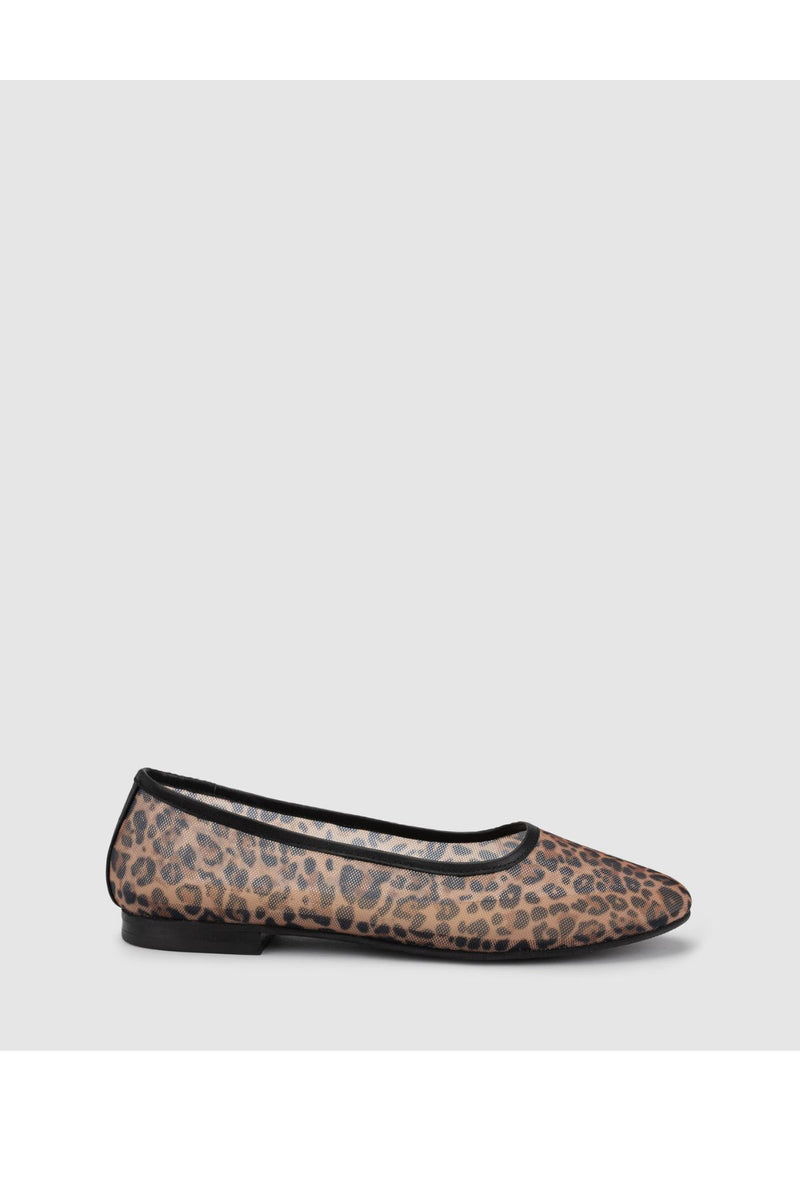 Chaos & Harmony Lyra Flat in natural leopard mesh with leather trim, soft leather lining, low stacked heel and rubber outsole, lightweight ballet flat with smaller fit sizing
