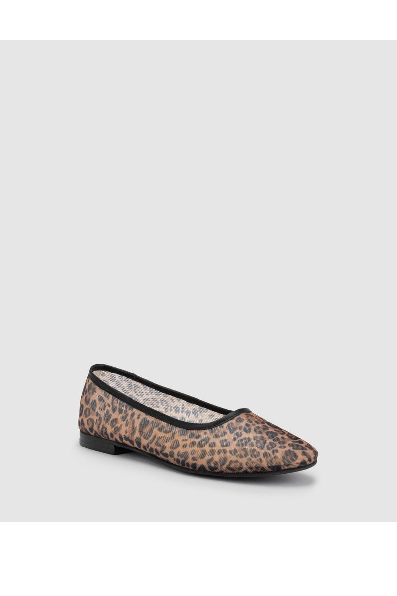 Chaos & Harmony Lyra Flat in natural leopard mesh with leather trim, soft leather lining, low stacked heel and rubber outsole, lightweight ballet flat with smaller fit sizing