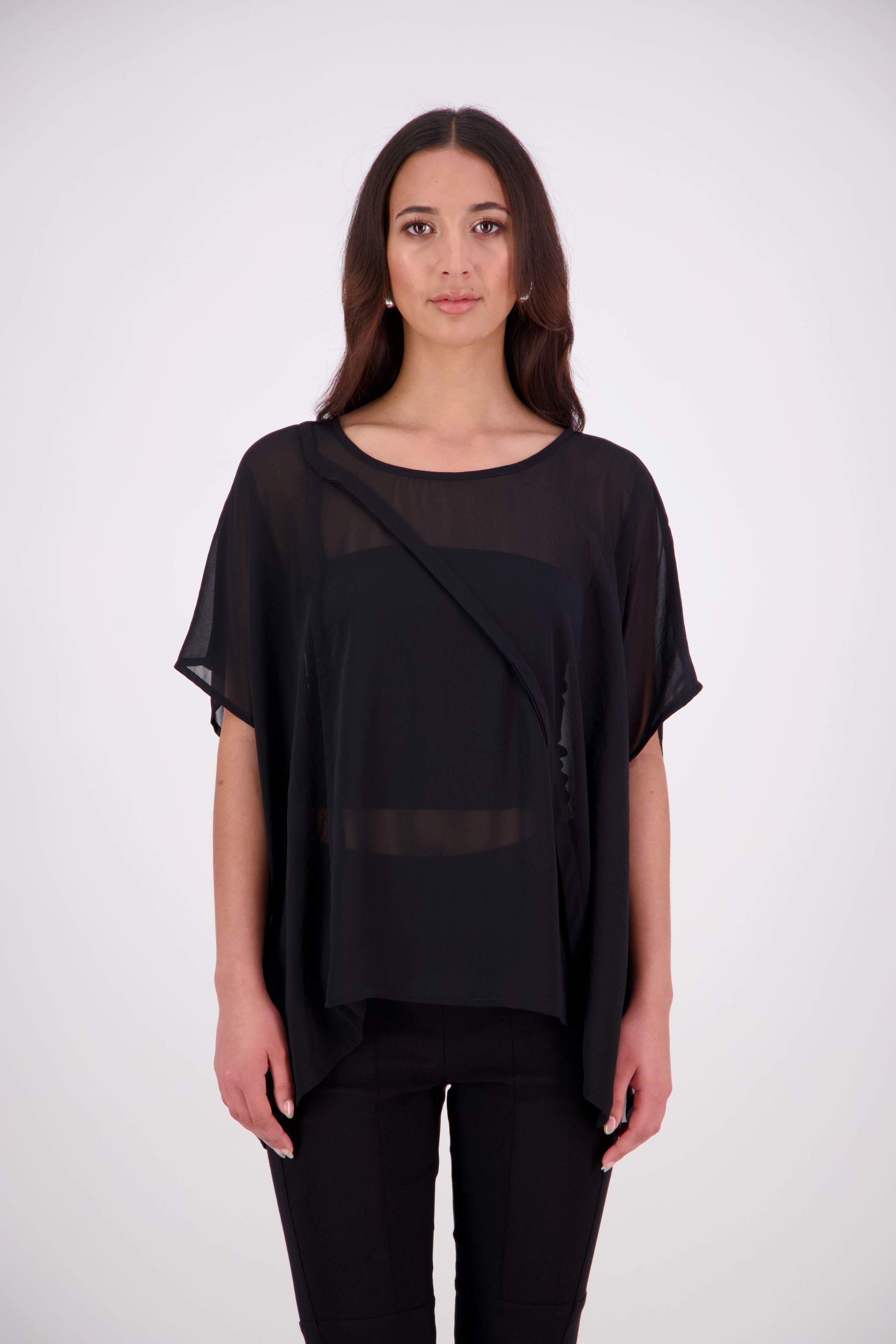  The N-E-S Luna Top – A New Take on Sheer Simplicity
The Luna Top is a modern evolution of a NES favourite. Crafted with exposed French seams on the outside, an angled front seam, and a left-side split for added movement, this sheer layer brings elevated ease to any outfit. Style it over a NES lattice singlet or your favourite base – the Luna Top is designed for effortless layering with a refined edge.
polyester chiffon
designed & made in NZ