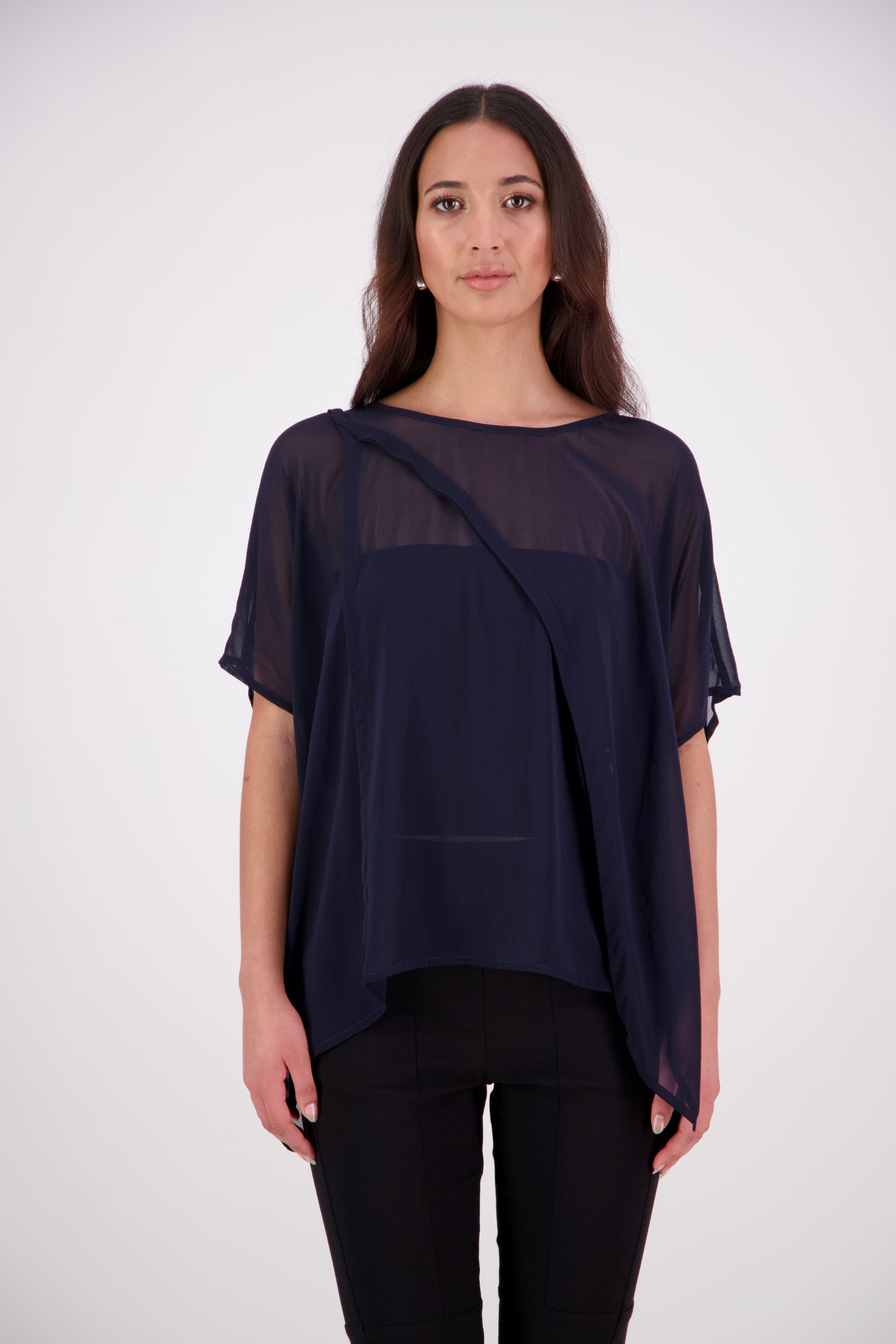  The N-E-S Luna Top – A New Take on Sheer Simplicity
The Luna Top is a modern evolution of a NES favourite. Crafted with exposed French seams on the outside, an angled front seam, and a left-side split for added movement, this sheer layer brings elevated ease to any outfit. Style it over a NES lattice singlet or your favourite base – the Luna Top is designed for effortless layering with a refined edge.
polyester chiffon
designed & made in NZ