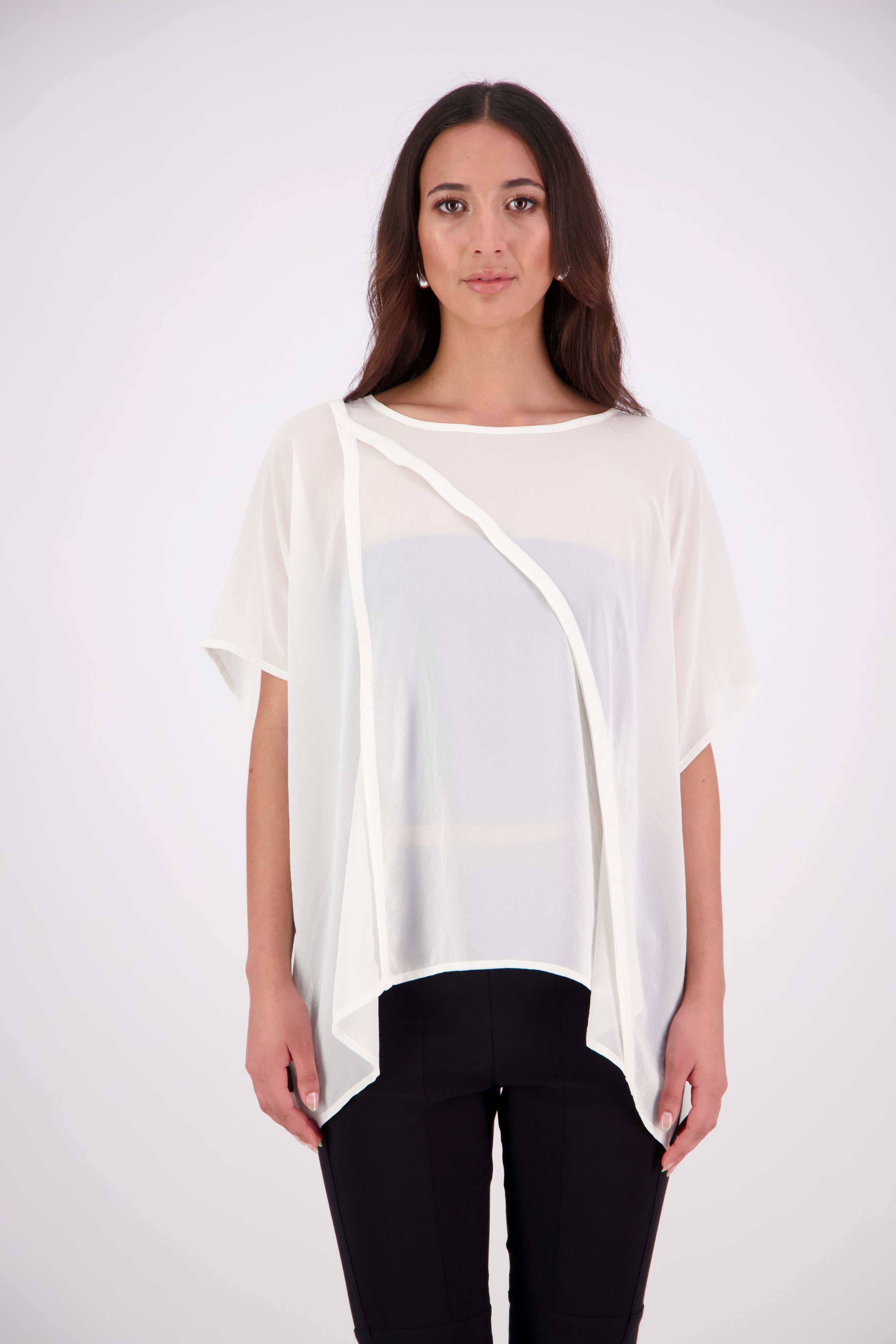  The N-E-S Luna Top – A New Take on Sheer Simplicity
The Luna Top is a modern evolution of a NES favourite. Crafted with exposed French seams on the outside, an angled front seam, and a left-side split for added movement, this sheer layer brings elevated ease to any outfit. Style it over a NES lattice singlet or your favourite base – the Luna Top is designed for effortless layering with a refined edge.
polyester chiffon
designed & made in NZ