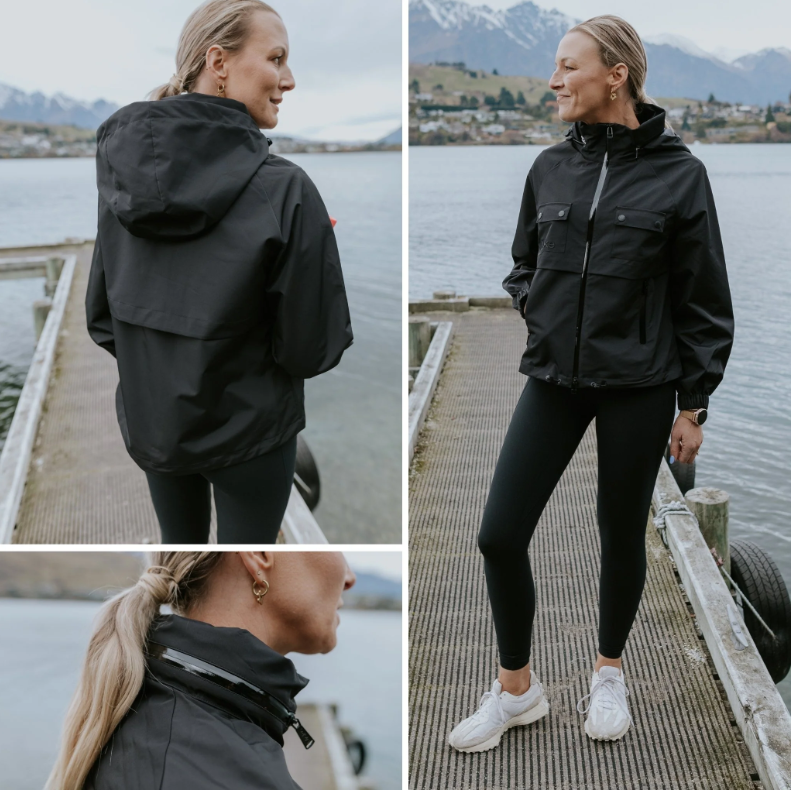 Maggie by Moke women’s short rain jacket with a modern, sporty silhouette. Crafted in a durable matte waterproof fabric with exposed waterproof zip tape for a technical edge. Features a 10,000mm waterproof rating and 5,000g breathability rating for comfortable protection in light to moderate rain. Finished with functional chest pockets and a cinched hem for an adjustable fit. Lightweight, easy to layer, and designed in New Zealand for everyday urban wear.