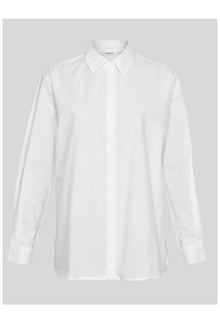 MSCH Copenhagen Olisa Shirt in white, crafted from 100% organic cotton with a loose fit and smooth finish. Features a classic pointed collar, full button front closure, long sleeves with buttoned cuffs, and a softly curved hem for an effortless everyday style.