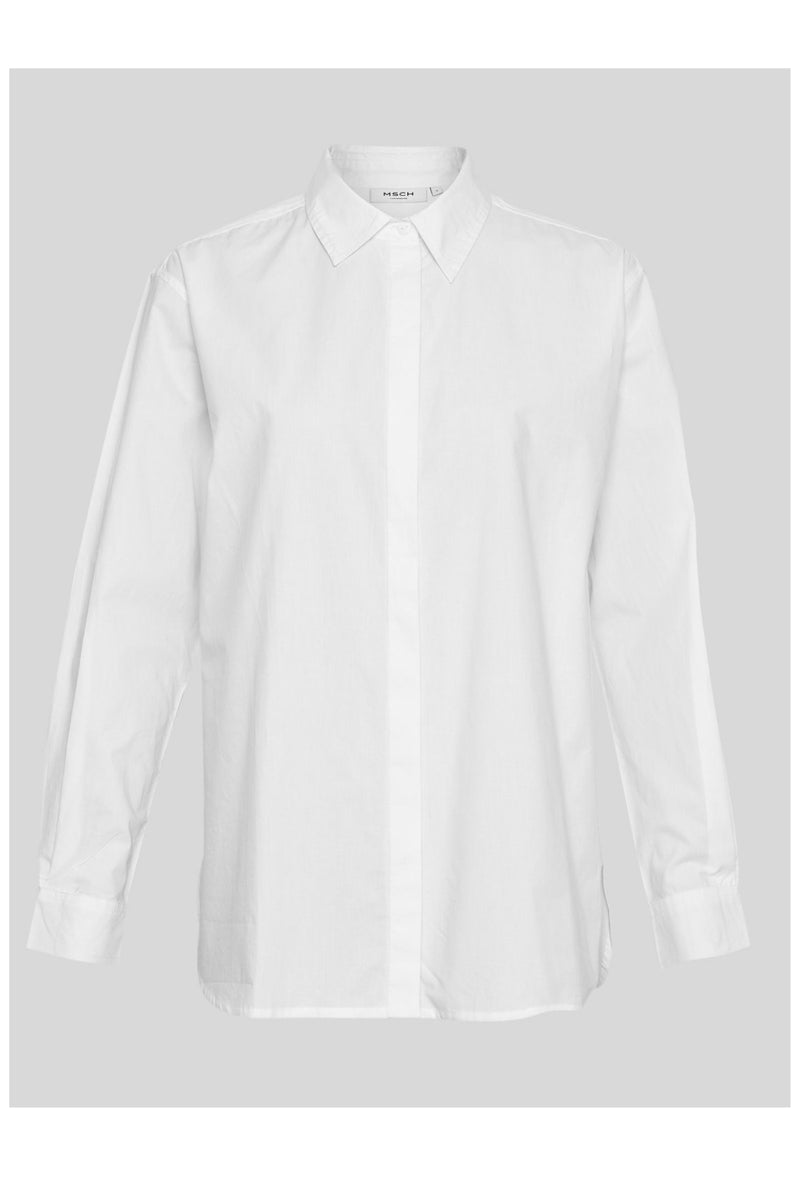MSCH Copenhagen Olisa Shirt in white, crafted from 100% organic cotton with a loose fit and smooth finish. Features a classic pointed collar, full button front closure, long sleeves with buttoned cuffs, and a softly curved hem for an effortless everyday style.