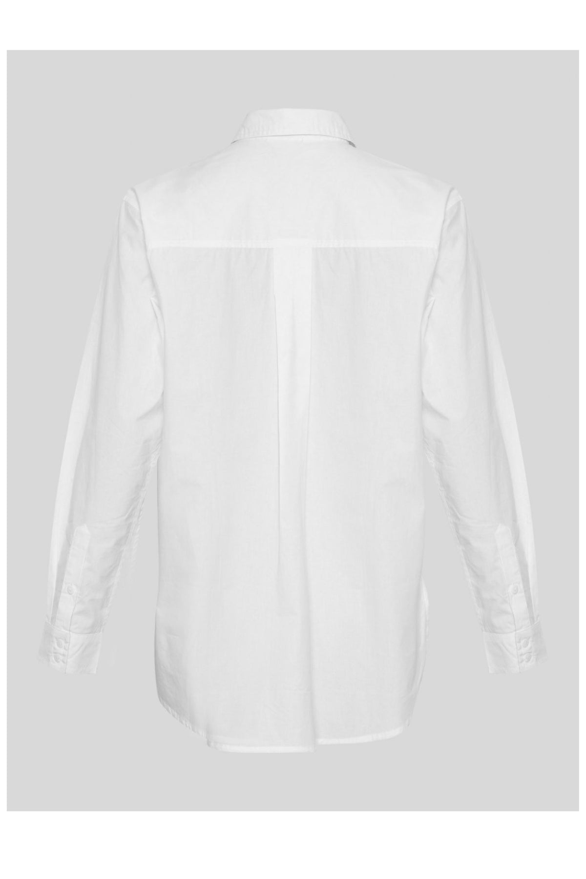 MSCH Copenhagen Olisa Shirt in white, crafted from 100% organic cotton with a loose fit and smooth finish. Features a classic pointed collar, full button front closure, long sleeves with buttoned cuffs, and a softly curved hem for an effortless everyday style.