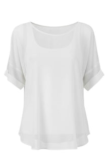 The NES Cross Top – a best-selling chiffon tee with crossover detail, relaxed fit and flattering drape. Lightweight and NZ made.