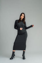 Load image into Gallery viewer, NES, Studio 54 Dress. Batwing sleeves that taper into sleek cigarette cuffs, side seam ruching, and a centre back split. Made from a stretchy knit, it offers a flattering fit that moves with you. Composition: viscose spandex
