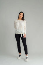 Load image into Gallery viewer, The NES Merino Leisure Tie Top is a stylish and versatile piece, perfect for pairing with your favourite denim, Dolly B pants, Drilled Gin pants, or the Ribs skirt. This top features a self-tie at the side that can be adjusted to your liking—tied tight for a more structured look or looped loose for a relaxed feel. With its batwing design and cigarette sleeves, it offers a flattering silhouette that adds slimness to your lower arms while providing maximum comfort. 100% merino
