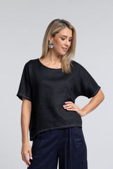 The NES Jasmine Top – a relaxed linen-cotton top with contrast stitching and boxy fit. Breathable, versatile and NZ made.
