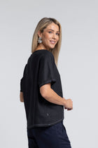 The NES Jasmine Top – a relaxed linen-cotton top with contrast stitching and boxy fit. Breathable, versatile and NZ made.