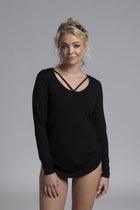 NES Lattice Long Sleeve Top. Featuring long sleeves and fine strap detailing. The curved hemline adds a flattering touch, while the reversible stretchy knit fabric—ensuring it’s not see-through—offers two stylish options in one.