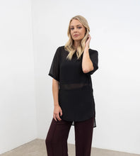 Load image into Gallery viewer, NES Zoe Top Ink. Semi-sheer, stylish floaty relaxed t-shirt style top.
Features: Curved front neckline and V back neck (can be reversed), even hem line, side splits
Composition: Poly Chiffon

