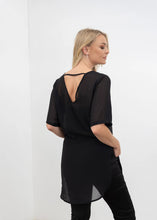 Load image into Gallery viewer, NES Zoe Top Ink. Semi-sheer, stylish floaty relaxed t-shirt style top.
Features: Curved front neckline and V back neck (can be reversed), even hem line, side splits
Composition: Poly Chiffon
