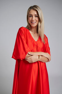 The N-E-S Remi Dress – a floaty chiffon maxi with kimono sleeves, V neckline and soft movement. Designed to layer over a N-E-S Lattice Slip. Made in NZ.