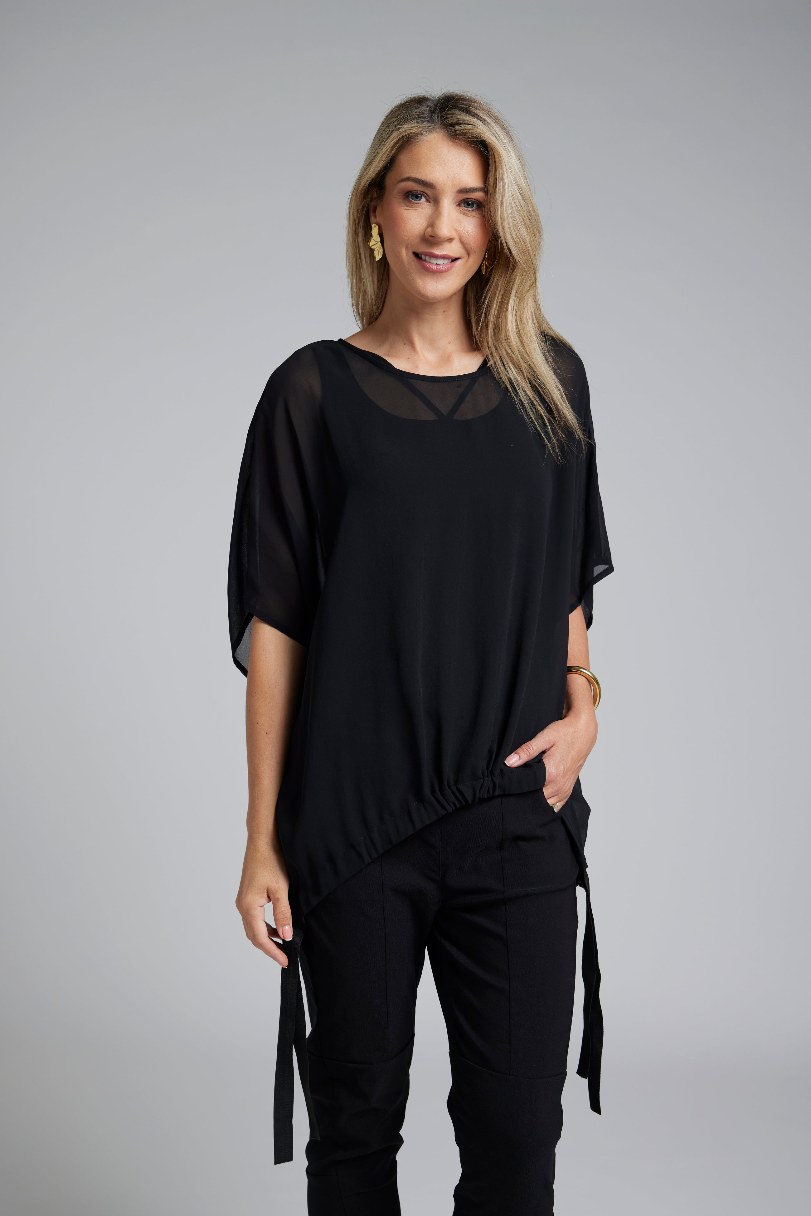 The Vanotti Tunic – N-E-S’ best-selling throw-on top with a scoop neckline and adjustable feature hem. Perfect over a Lattice Singlet. NZ made.