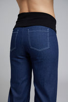 The N-E-S DollyB Denim Pants – a wide-leg stretch denim pant with fold-down rib waistband and contrast stitching. Available in blue or black denim. NZ made.