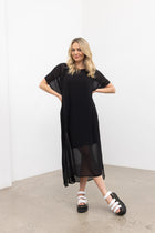 NES Civita Dress by N-E-S – a full-length chiffon dress with oversized drape and side splits. Wear as a dress, over pants or layered. Versatile and NZ made.