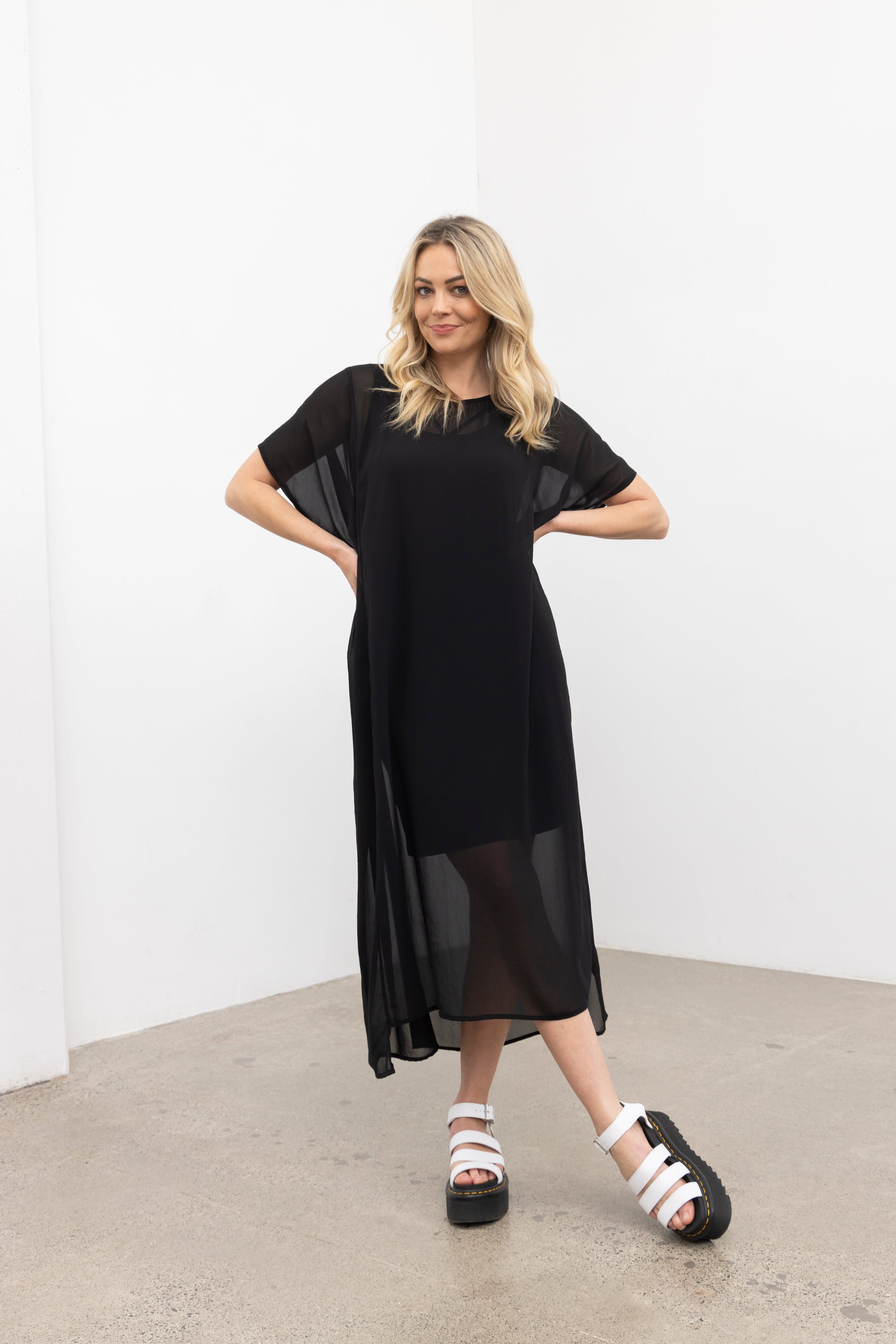 NES Civita Dress by N-E-S – a full-length chiffon dress with oversized drape and side splits. Wear as a dress, over pants or layered. Versatile and NZ made.